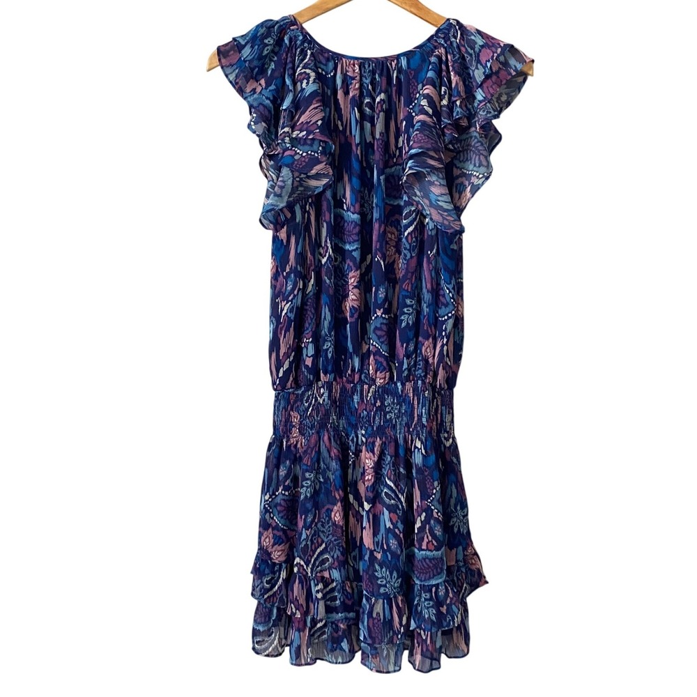 Ramy Brook Blue Paisley Ikat Smocked Waist Flutter Sleeve Ruffle Mini Dress - Picture 2 of 7